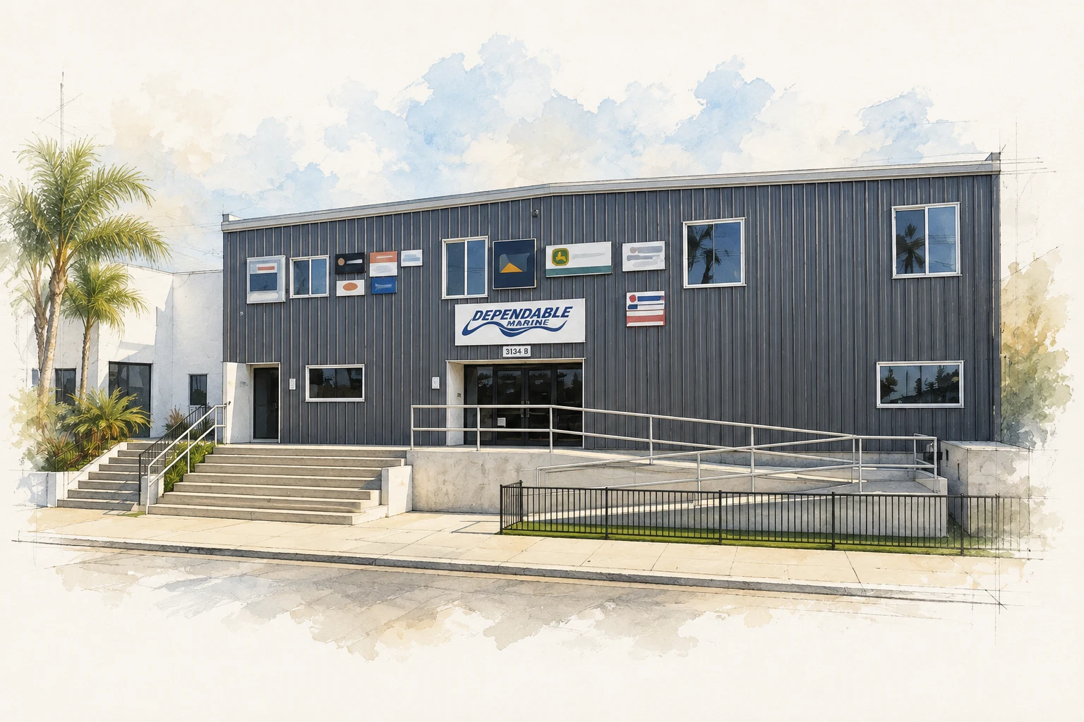 Architectural illustration of Dependable Marine’s gray metal-clad Main Street location, central entrance, front steps and access ramp