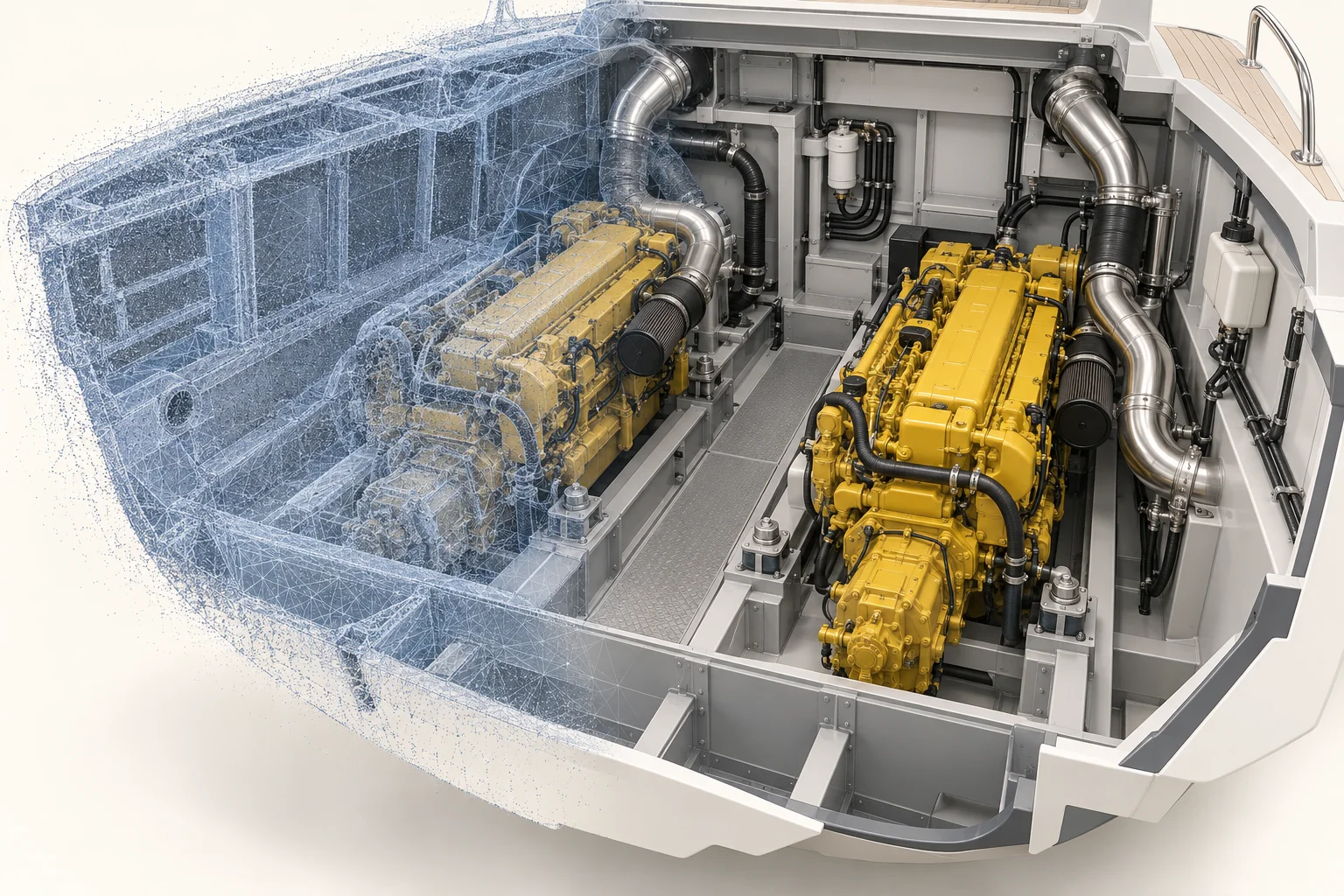 Illustration of a yacht engine bay transitioning from a 3D survey mesh to fitted machinery